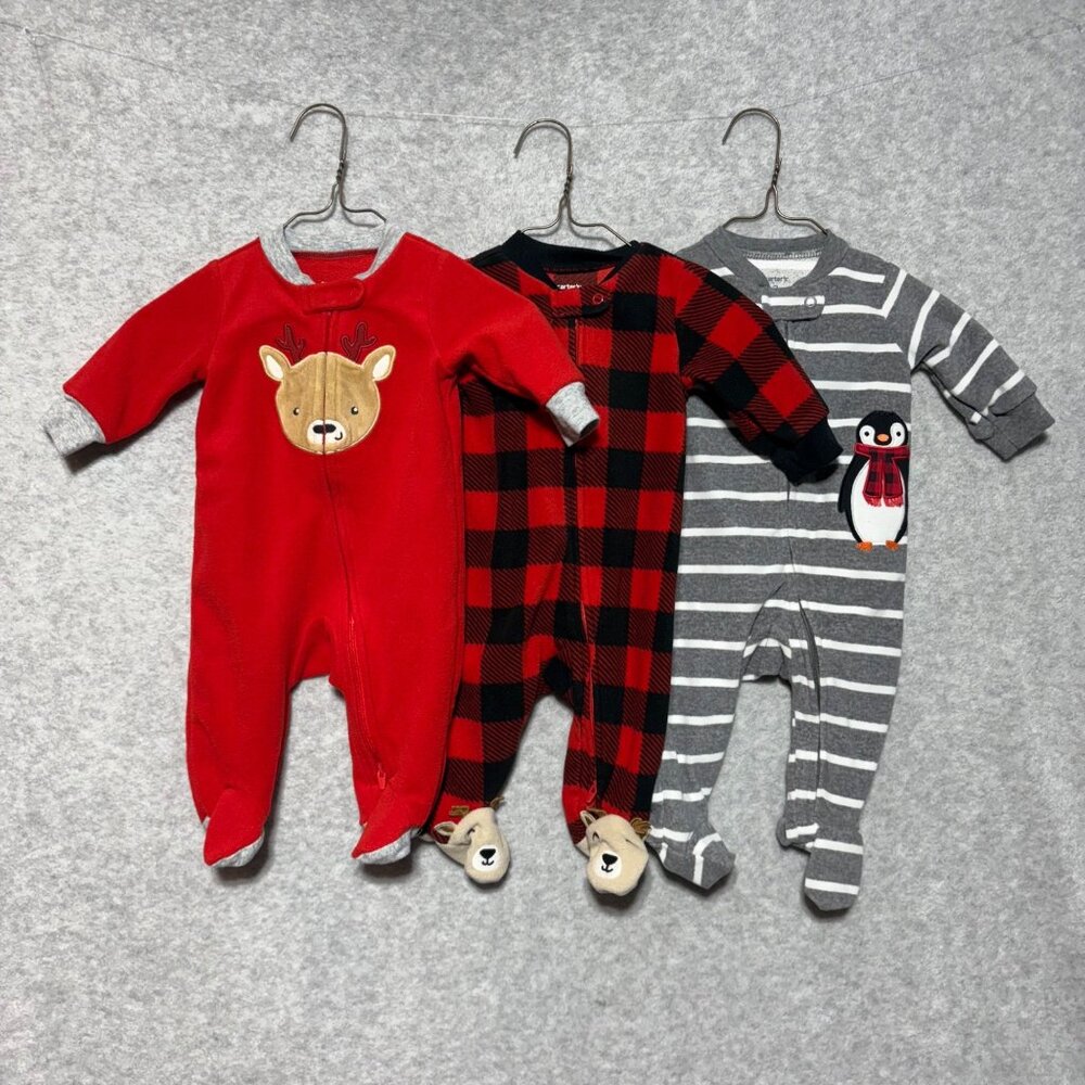 Carters Baby Boy 3M Lot of 3 Fleece Footies Christmas Penguin Reindeer Plaid